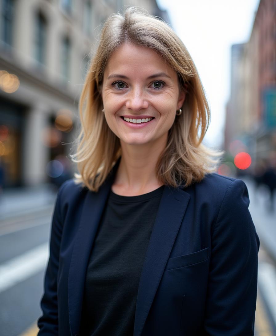 A woman with blonde hair in a navy blazer and black top smiles while standing on a city street, with blurred buildings and people in the background.